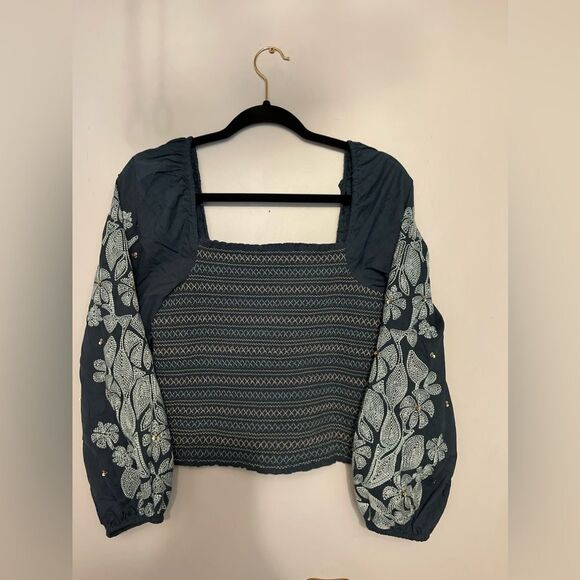 Anthropologie Women’s Small Smocked Embroidered Sequins Puff Sleeve Blue Top - Picture 3 of 11